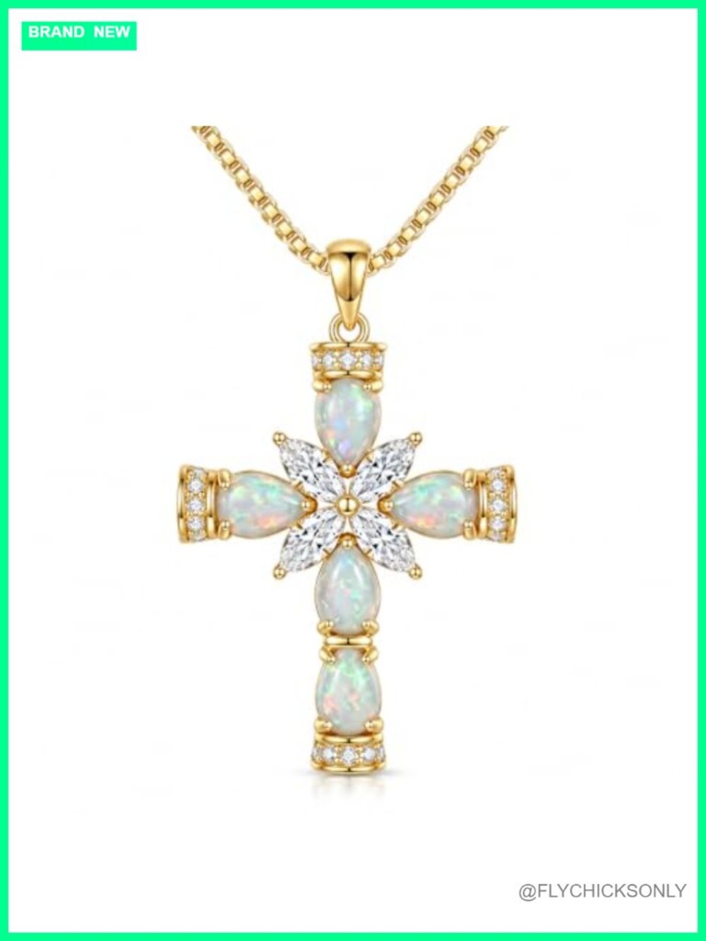 Gold Plated Opal Cross Pendant Necklace 18in Adjustable Chain